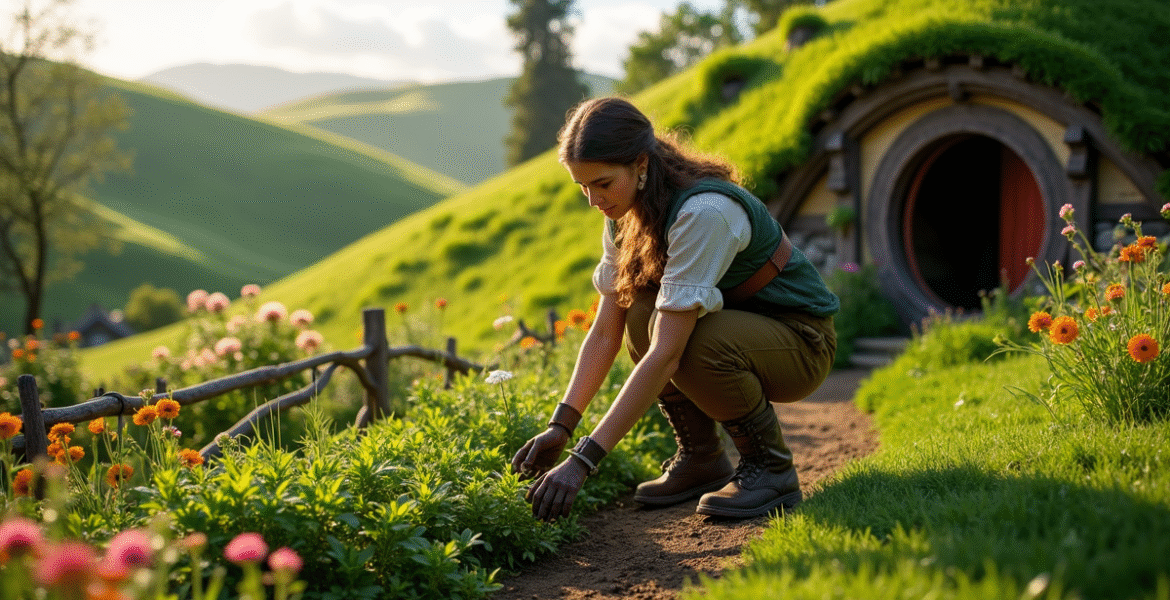 Hobbit sedang berkebun di Shire