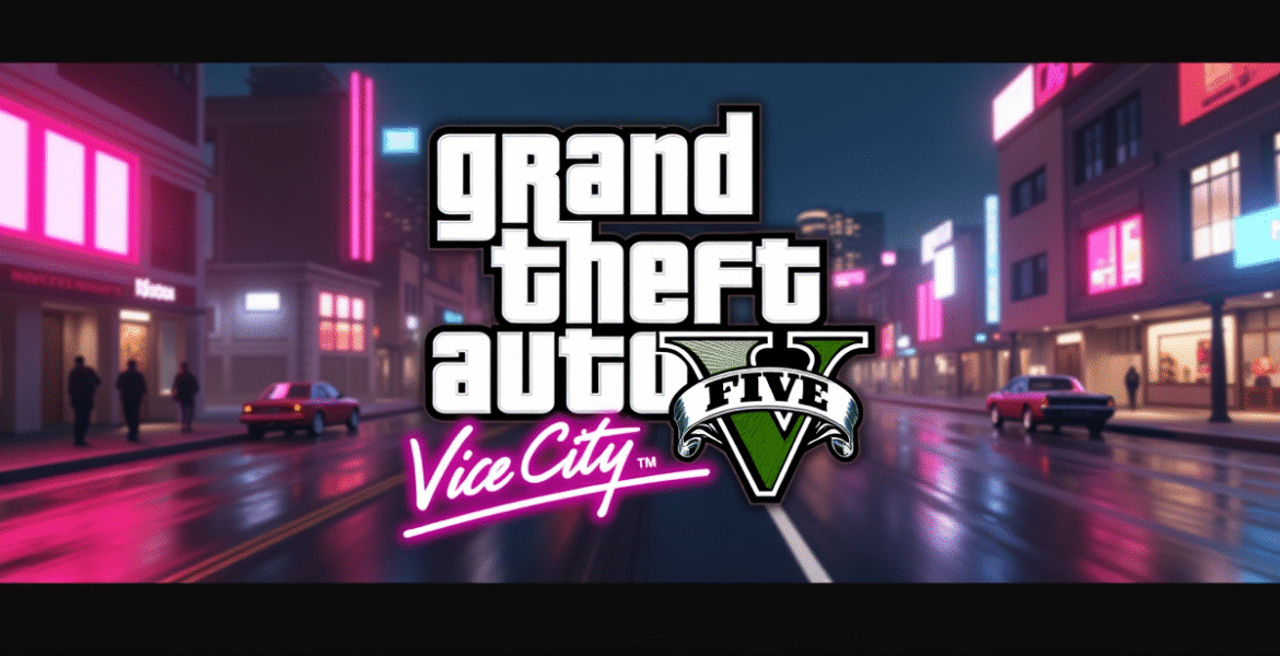 Grand Theft Auto VI logo dengan latar belakang Vice City